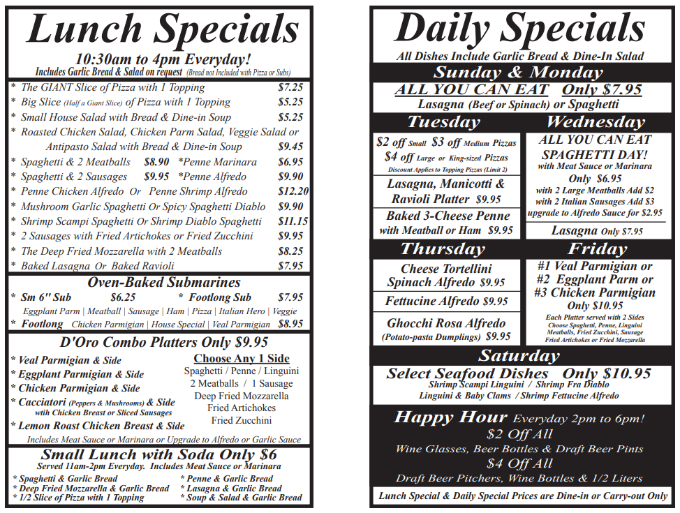 Lunch And Daily Specials Eat At Pizza D Oro Costa Mesa